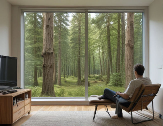 A man sits in a living room watching TV. Outside the window are tall trees, suggesting a serene and natural environment.