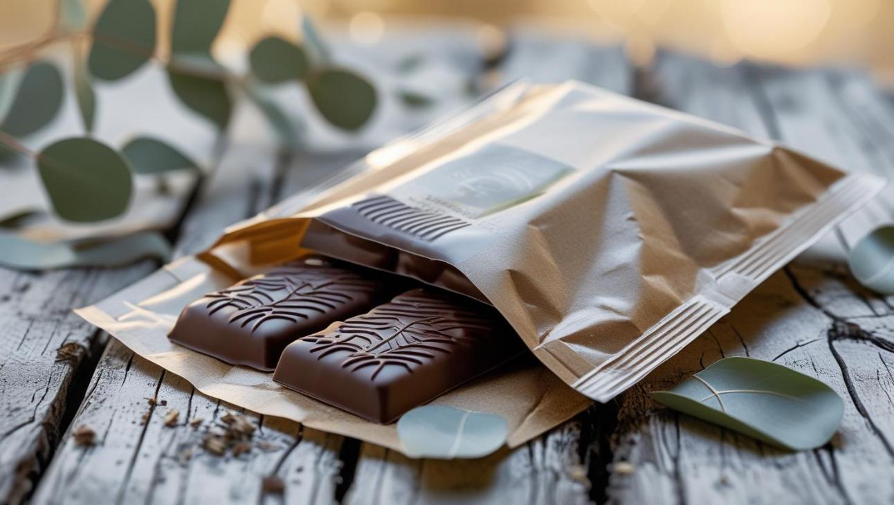 Eco-friendly Tim Tam pack on wooden table with greenery and natural light.