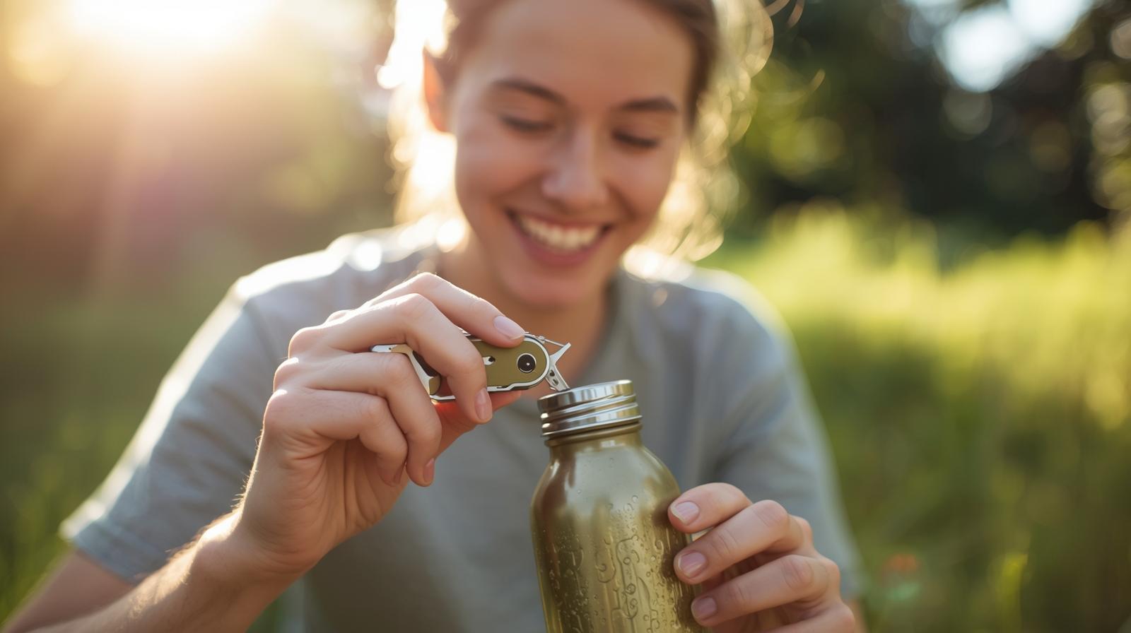 Person using mini multi tool outdoors to support eco-friendly sustainable activity.