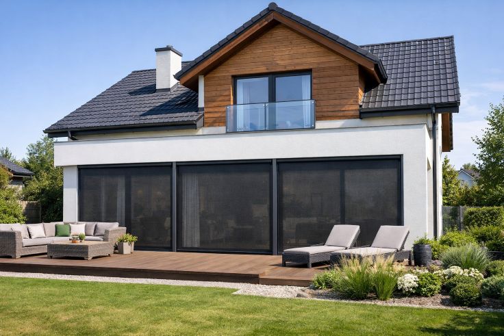 Residential home with screen fabric installed over large windows