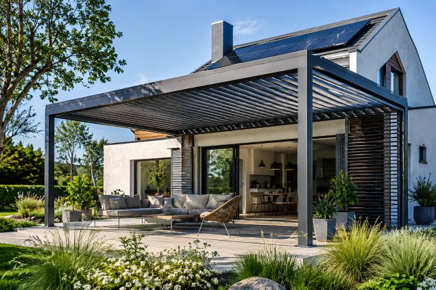 sustainable home with bioclimatic pergola