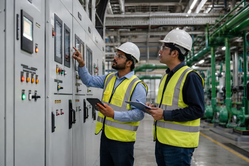 Electrical engineers inspecting modern energy control systems