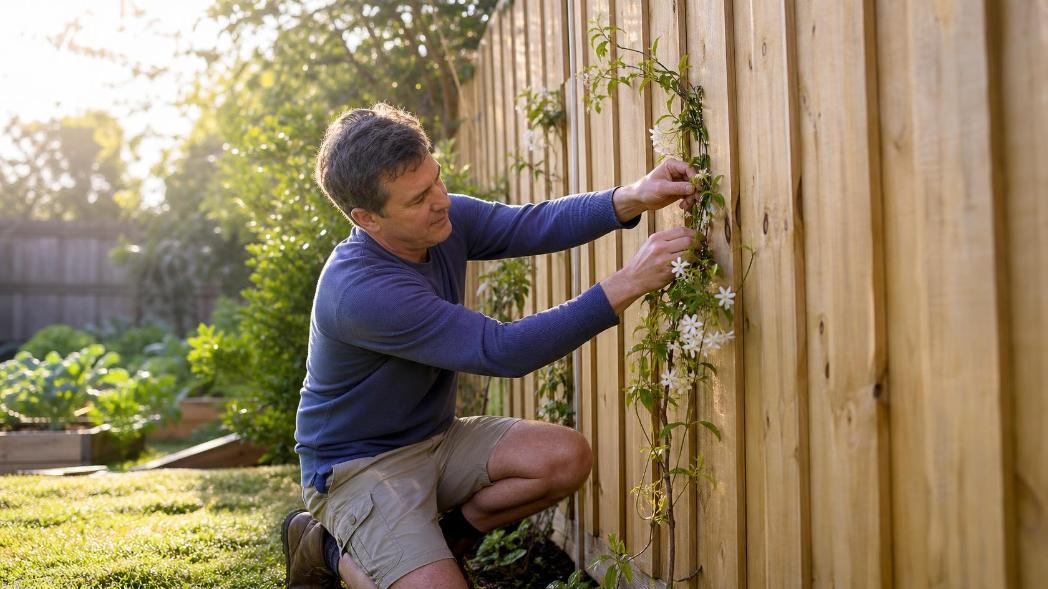 A homeowner trains a jasmine vine along a natural timber fence in a sunny backyard.